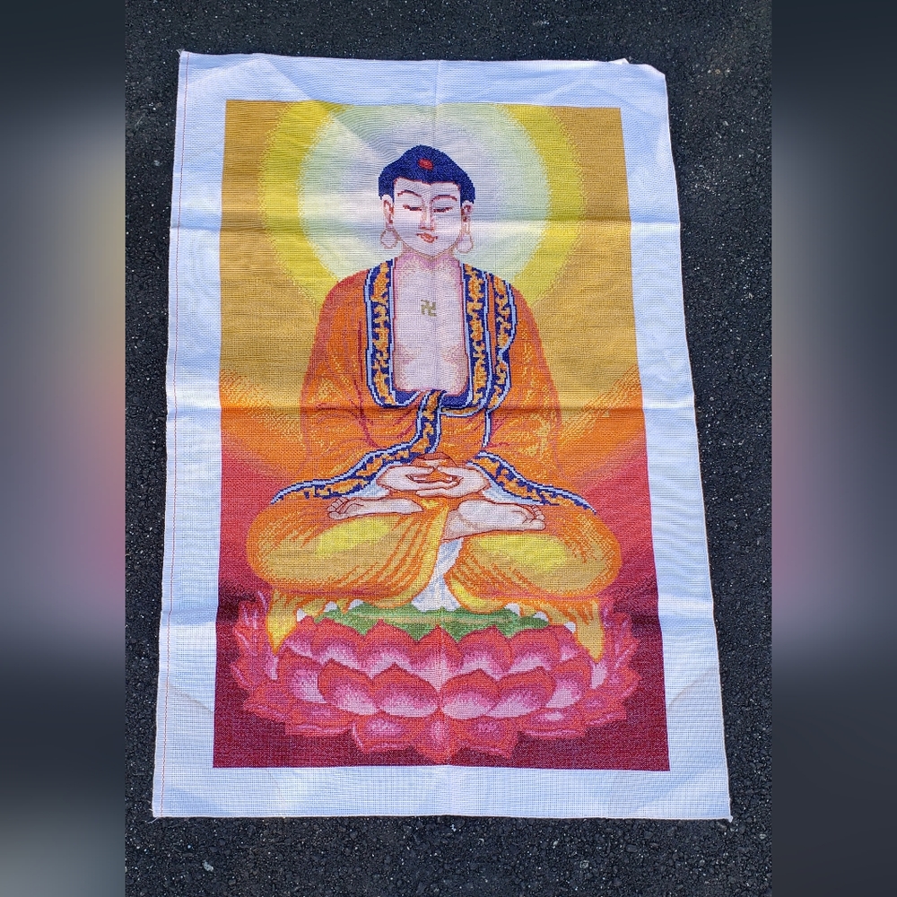 Vintage Cross Stitch Tapestry Buddha 1980s Hand Crafted
